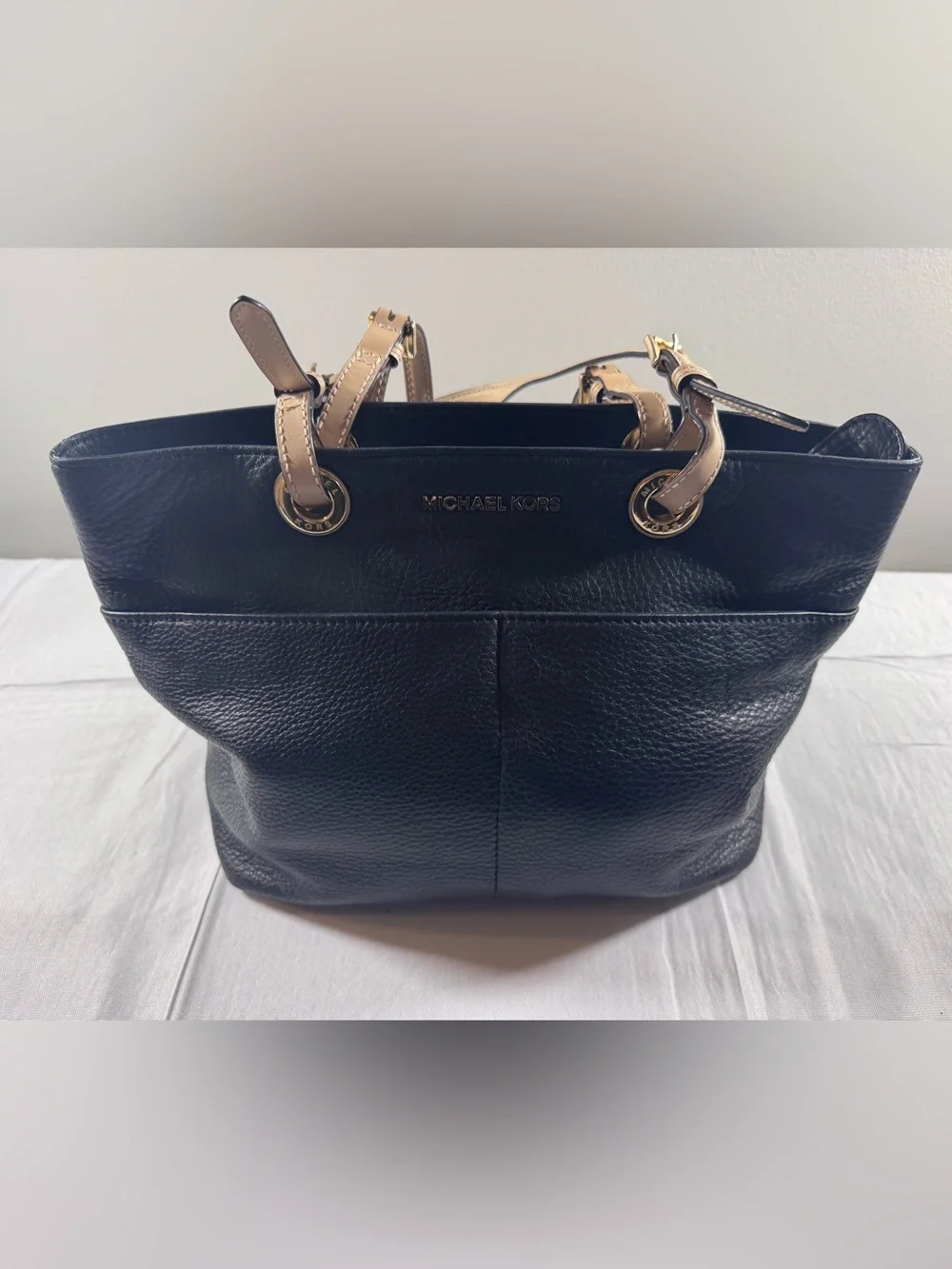 Michael Kors Bedford Black Pebbled Leather Tote with Tan Trim